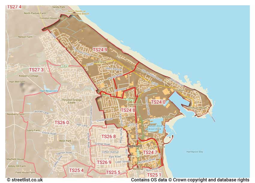 map showing postcode sectors within the TS24 district