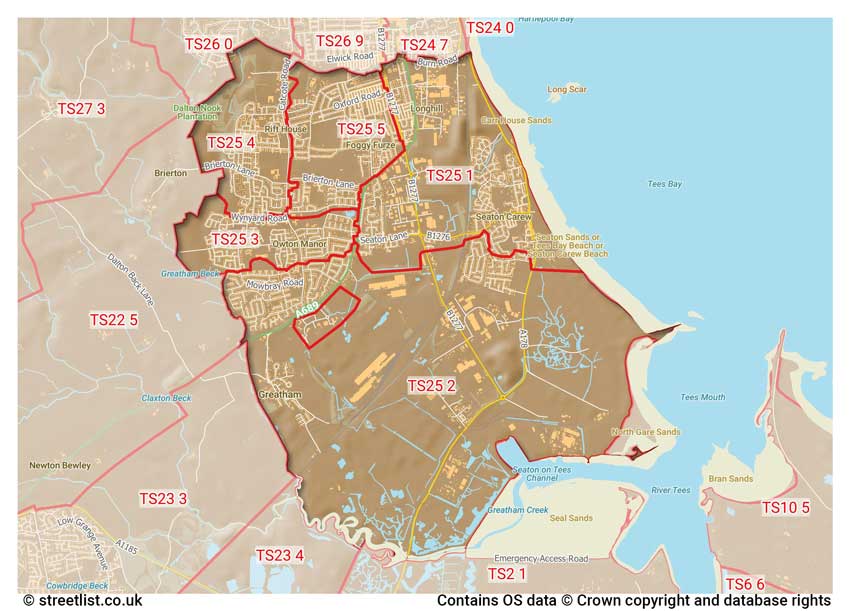 map showing postcode sectors within the TS25 district