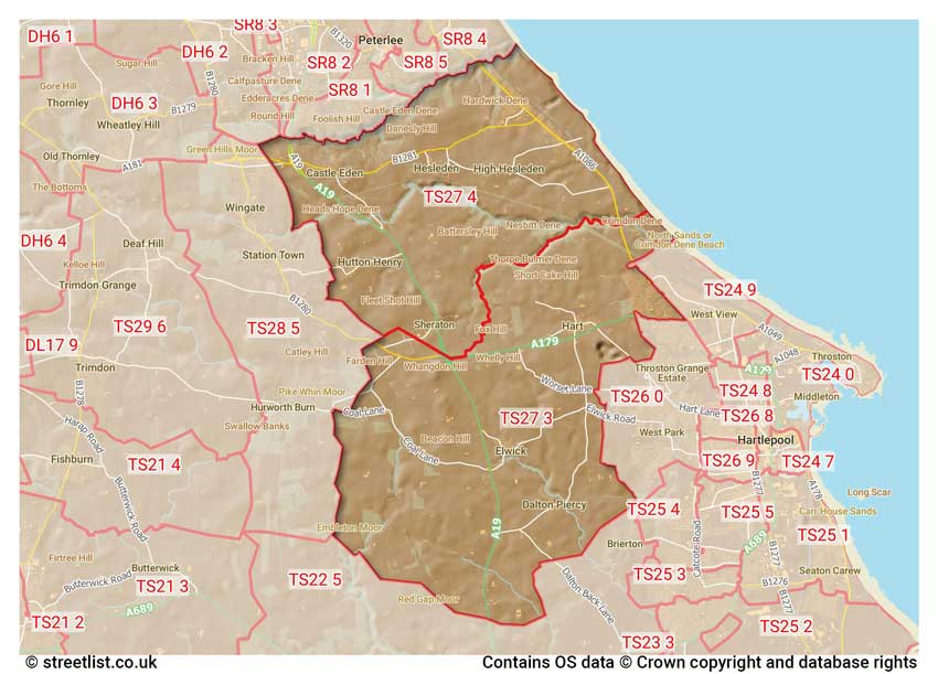 map showing postcode sectors within the TS27 district