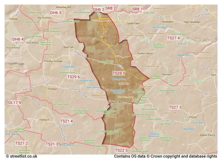 map showing postcode sectors within the TS28 district