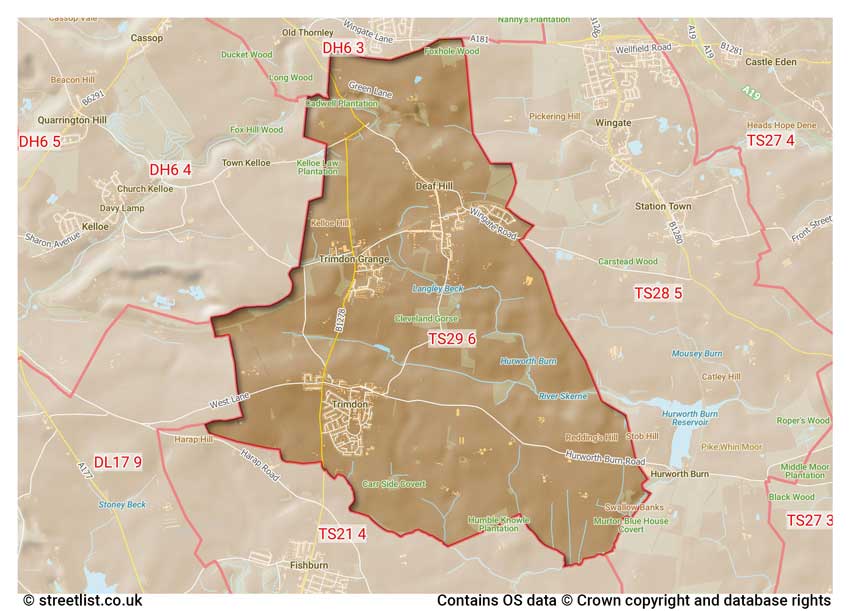 map showing postcode sectors within the TS29 district