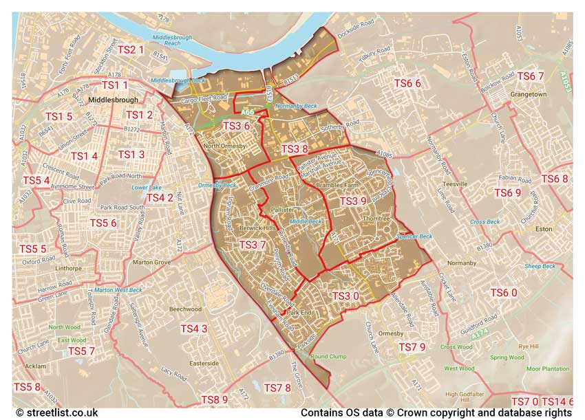 map showing postcode sectors within the TS3 district