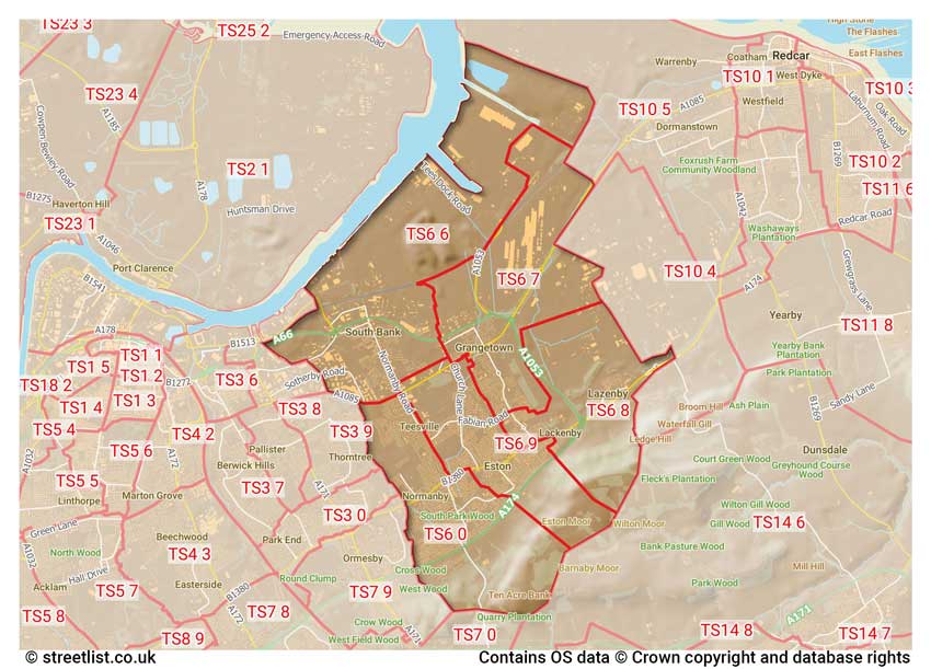 map showing postcode sectors within the TS6 district