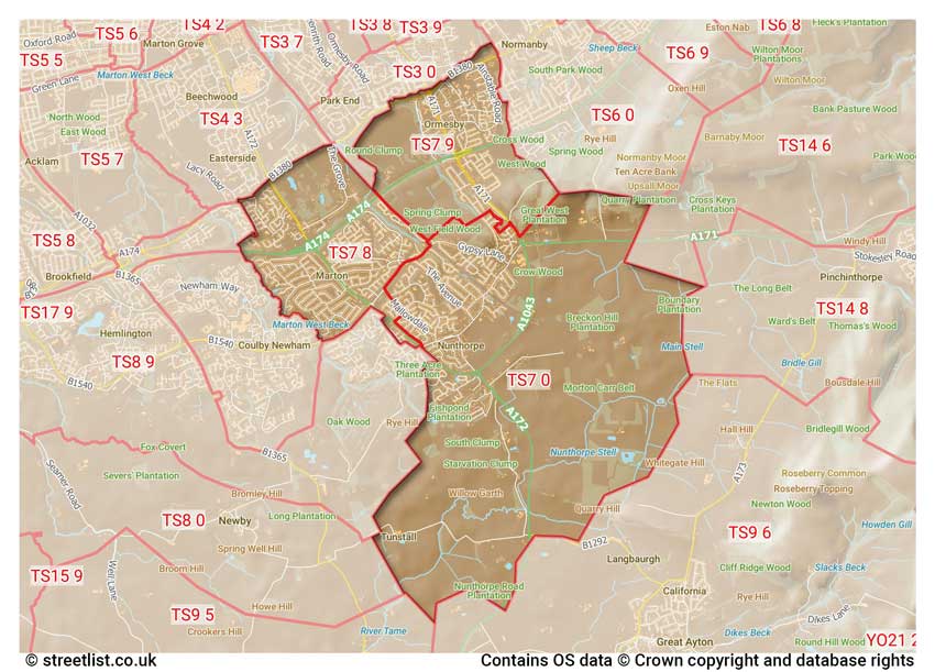 map showing postcode sectors within the TS7 district