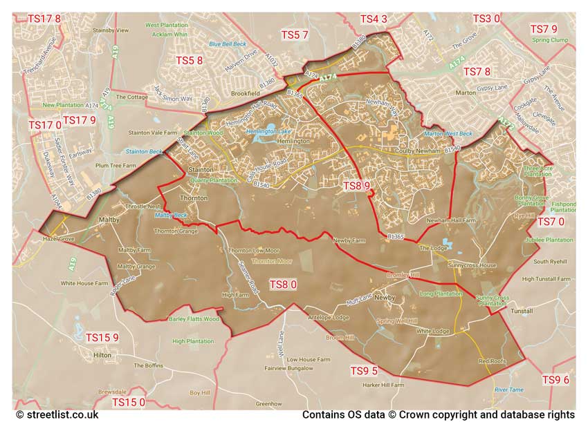 map showing postcode sectors within the TS8 district