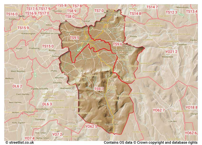 map showing postcode sectors within the TS9 district