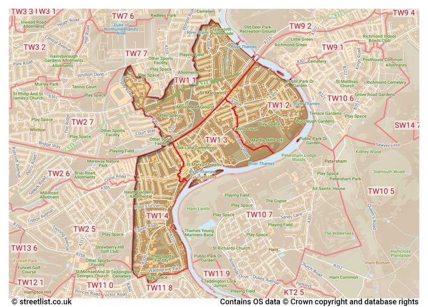 map showing postcode sectors within the TW1 district