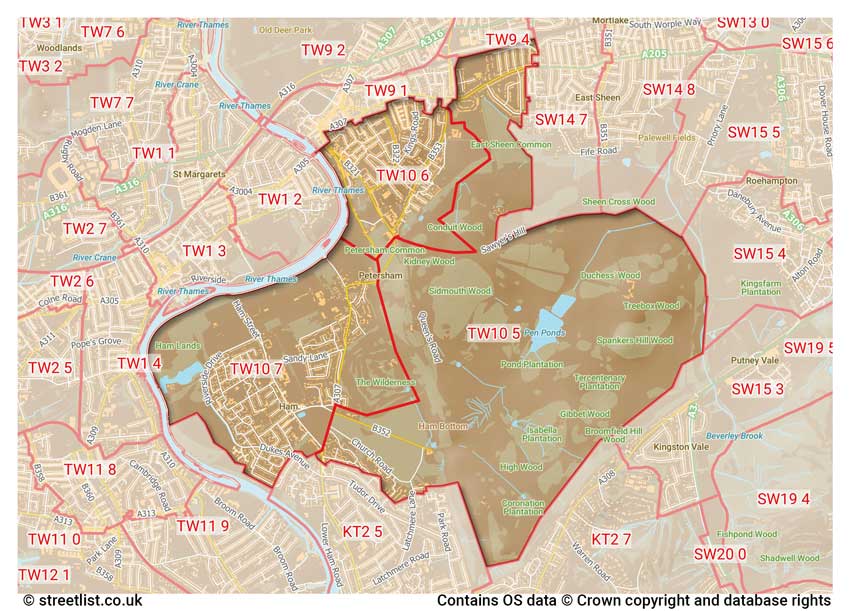 map showing postcode sectors within the TW10 district