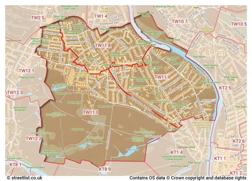 map showing postcode sectors within the TW11 district