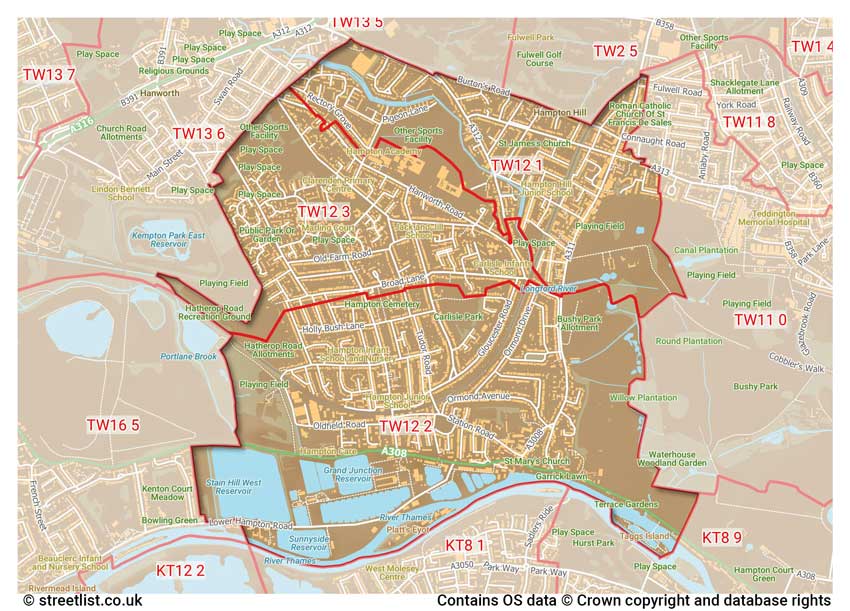 map showing postcode sectors within the TW12 district