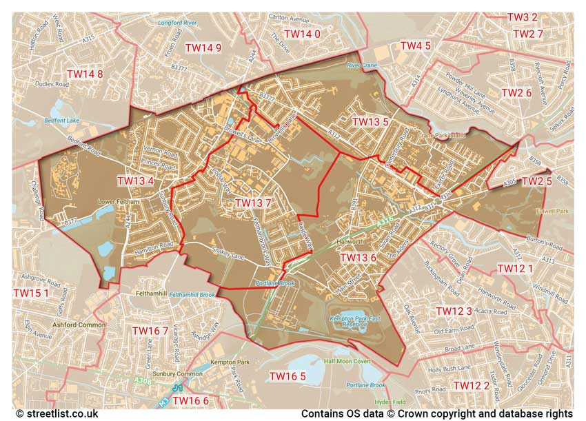 map showing postcode sectors within the TW13 district