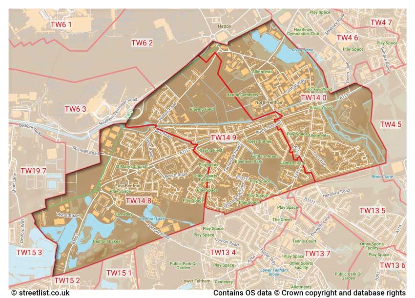 map showing postcode sectors within the TW14 district