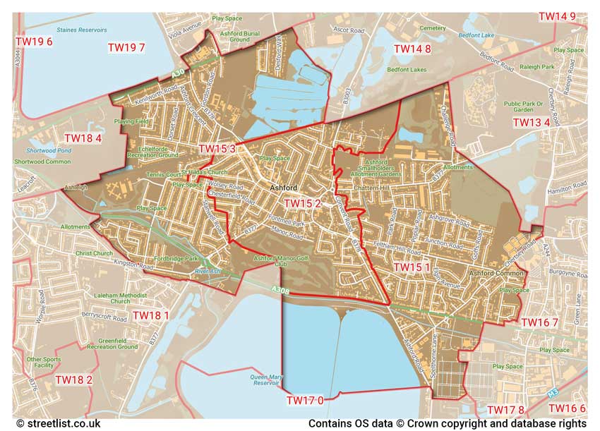 map showing postcode sectors within the TW15 district