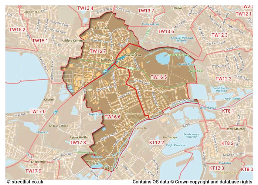 map showing postcode sectors within the TW16 district