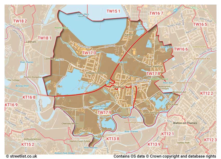 map showing postcode sectors within the TW17 district