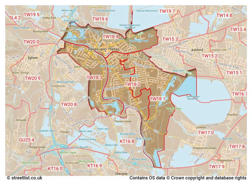 map showing postcode sectors within the TW18 district