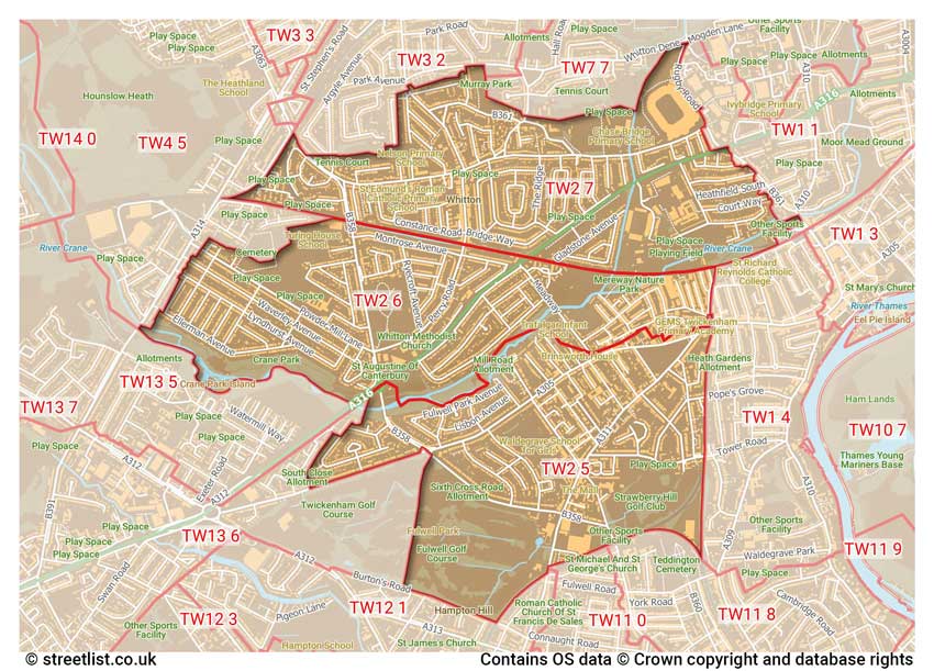 map showing postcode sectors within the TW2 district