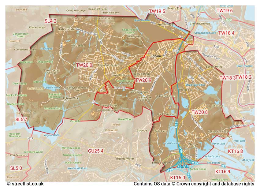 map showing postcode sectors within the TW20 district