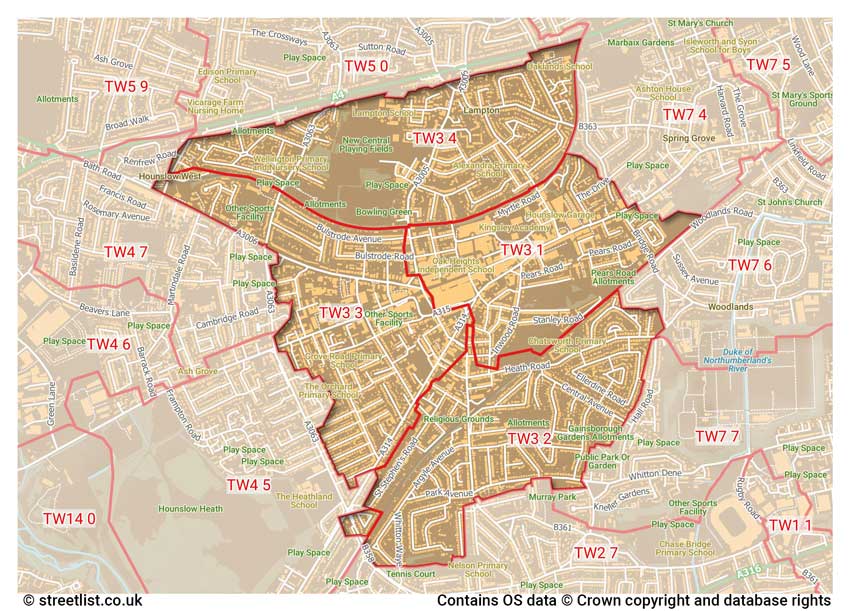 map showing postcode sectors within the TW3 district