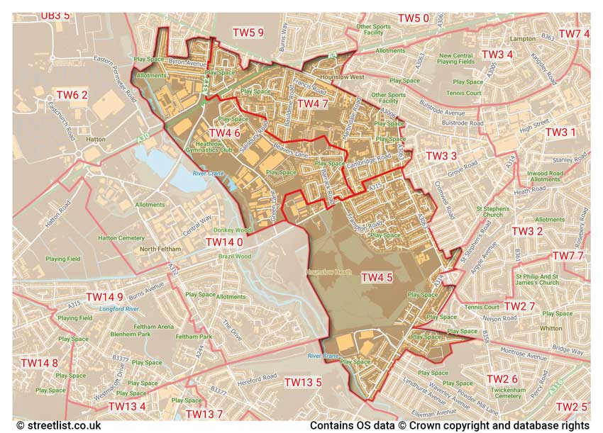 map showing postcode sectors within the TW4 district