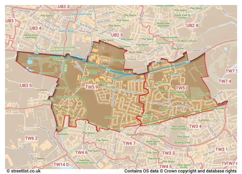 map showing postcode sectors within the TW5 district