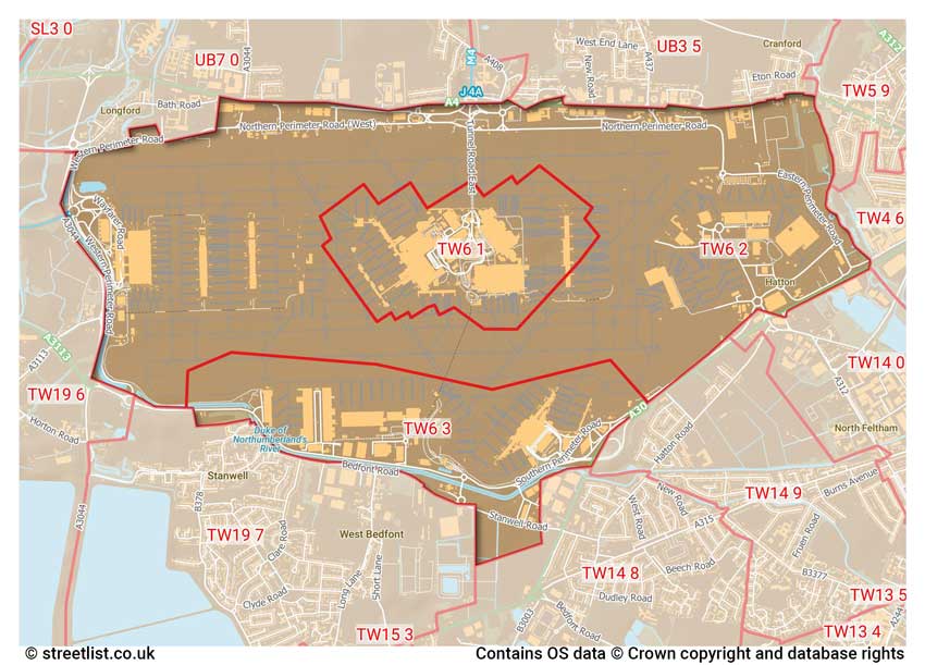 map showing postcode sectors within the TW6 district