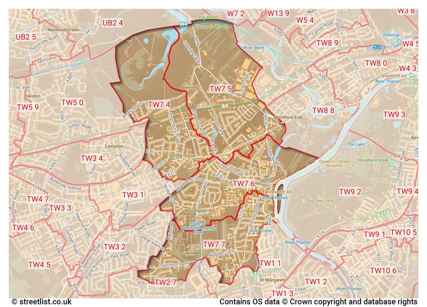 map showing postcode sectors within the TW7 district