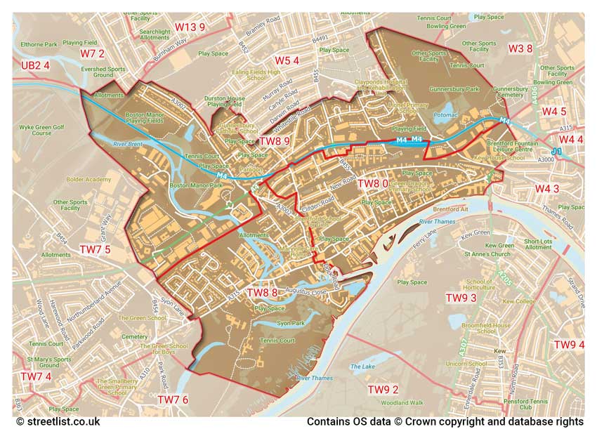 map showing postcode sectors within the TW8 district