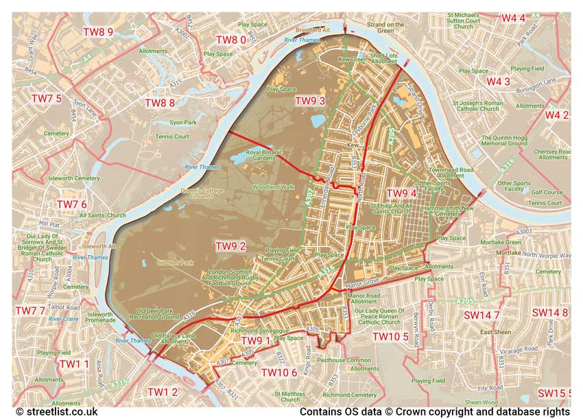 map showing postcode sectors within the TW9 district