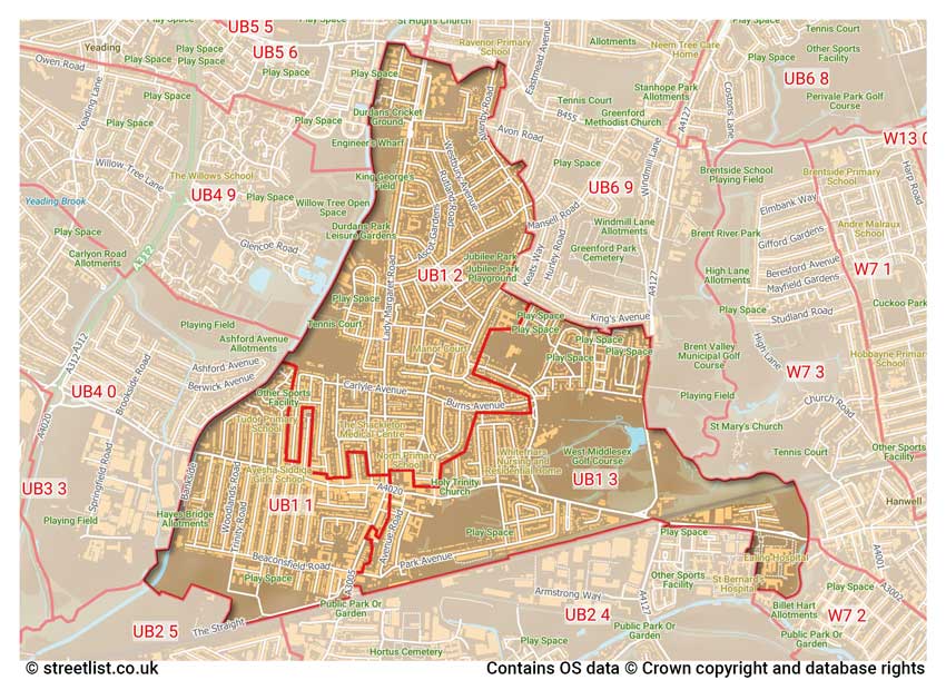 map showing postcode sectors within the UB1 district