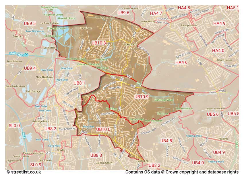 map showing postcode sectors within the UB10 district