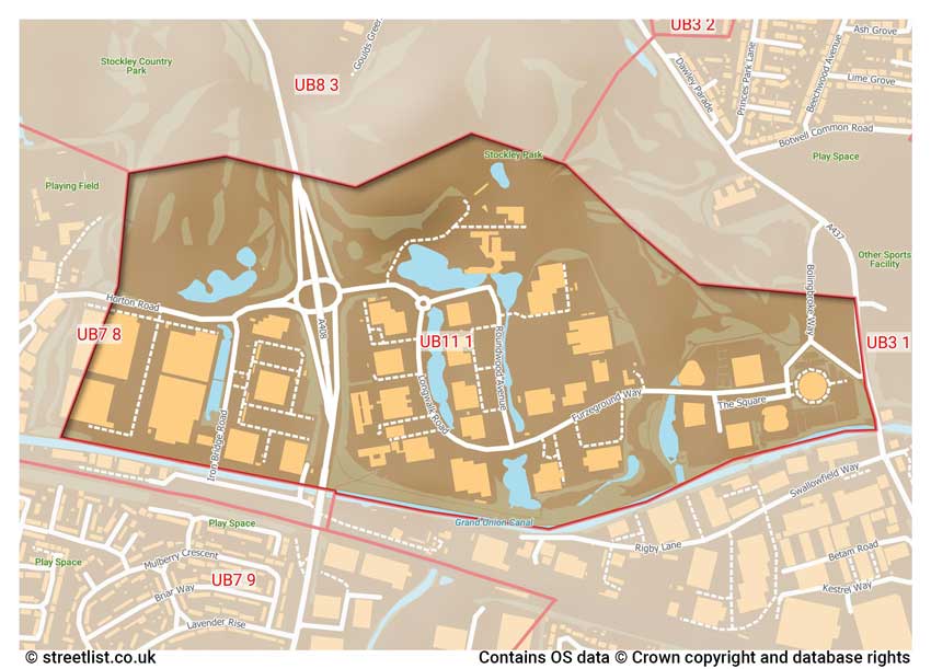 map showing postcode sectors within the UB11 district