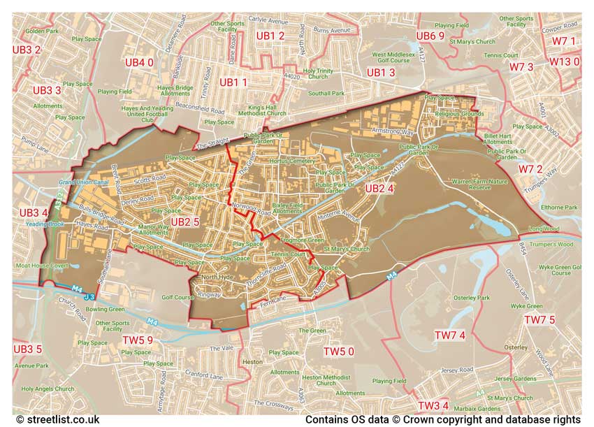 map showing postcode sectors within the UB2 district