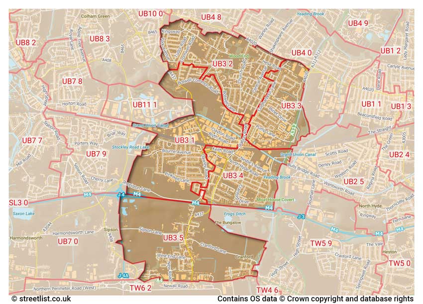 map showing postcode sectors within the UB3 district