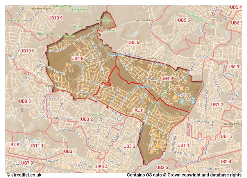 map showing postcode sectors within the UB4 district