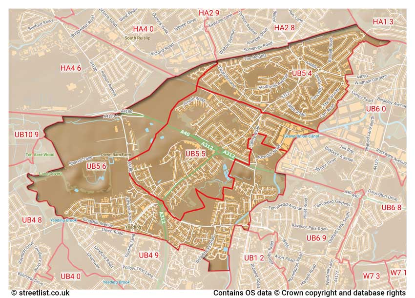 map showing postcode sectors within the UB5 district