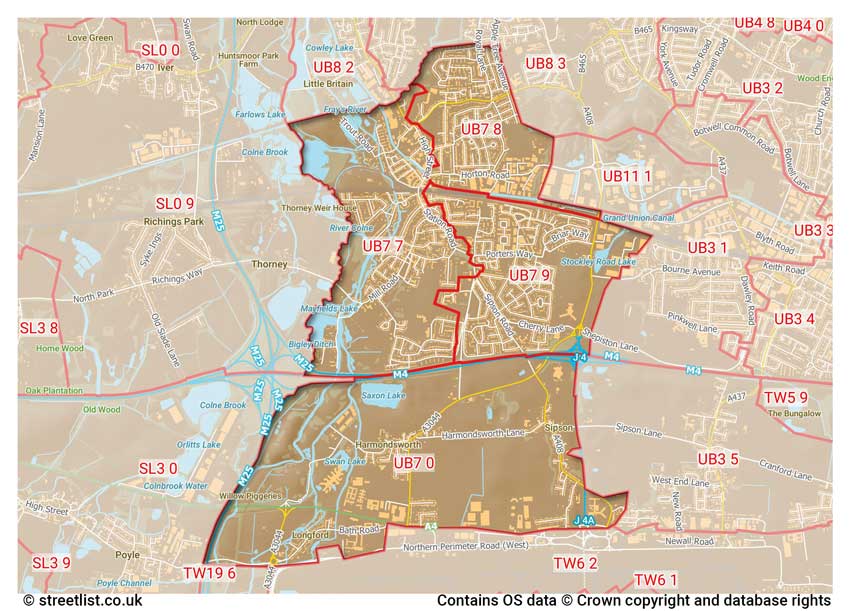 map showing postcode sectors within the UB7 district