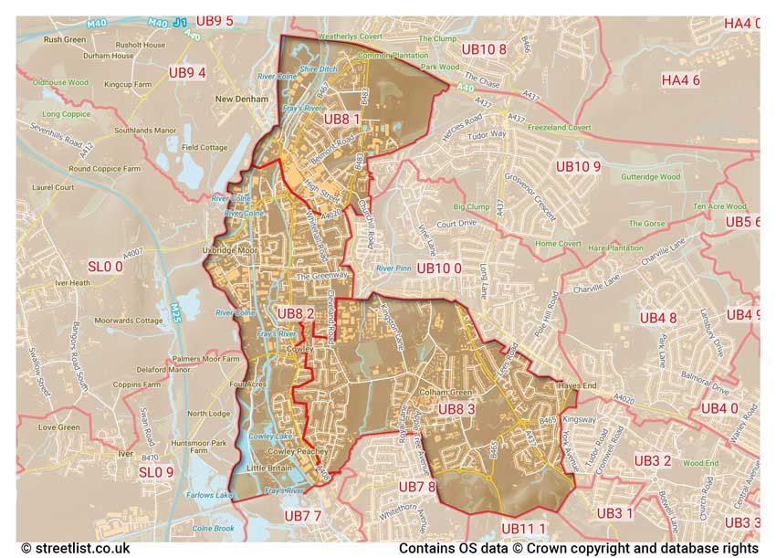 map showing postcode sectors within the UB8 district