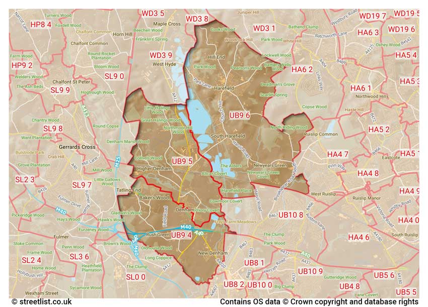 map showing postcode sectors within the UB9 district