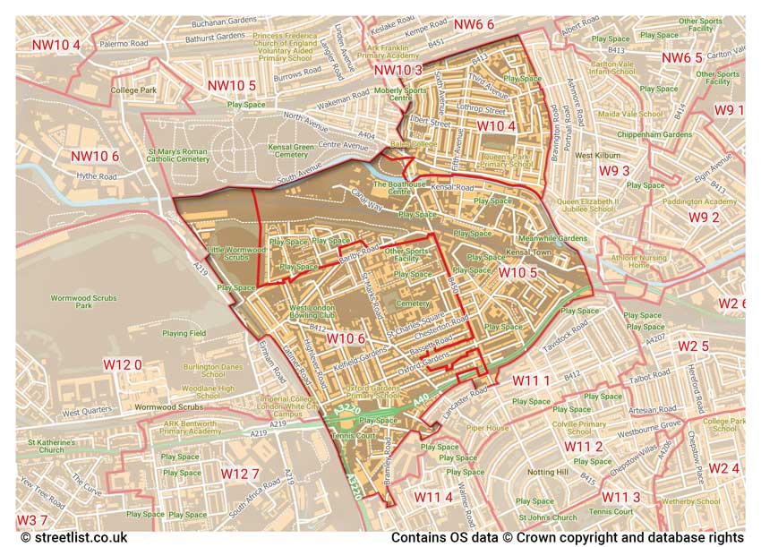 map showing postcode sectors within the W10 district