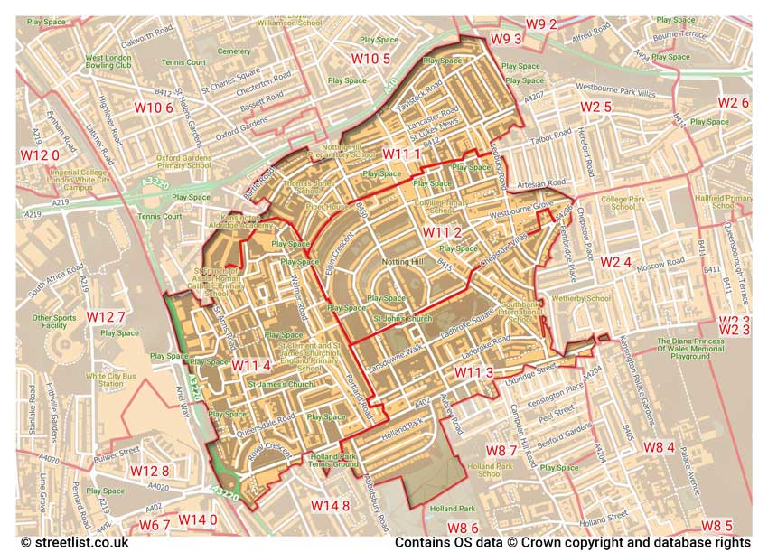 map showing postcode sectors within the W11 district