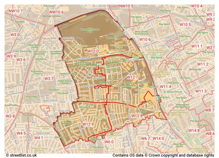 map showing postcode sectors within the W12 district