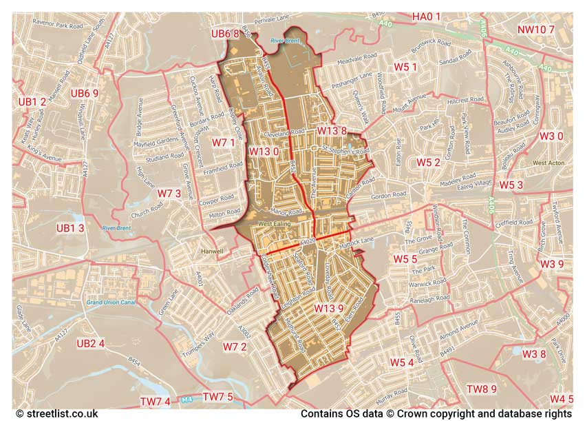 map showing postcode sectors within the W13 district