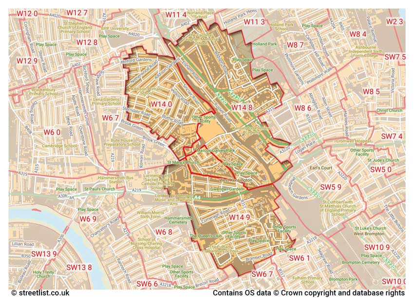 map showing postcode sectors within the W14 district