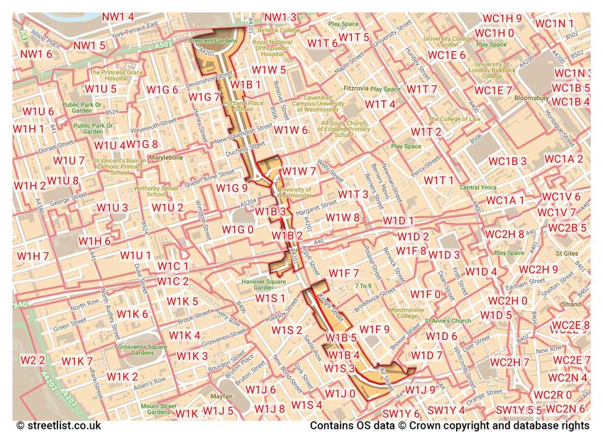 map showing postcode sectors within the W1B district