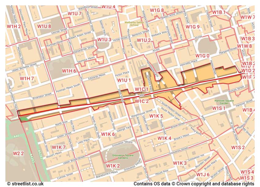 map showing postcode sectors within the W1C district