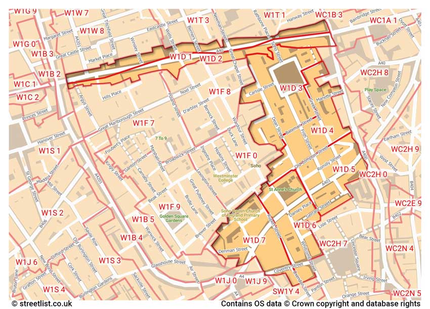 map showing postcode sectors within the W1D district