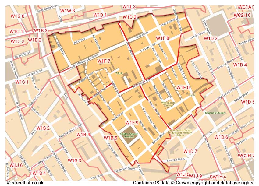 map showing postcode sectors within the W1F district