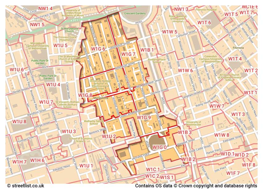 map showing postcode sectors within the W1G district