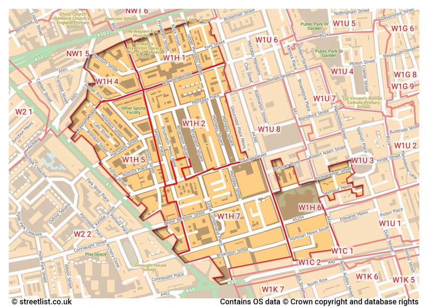 map showing postcode sectors within the W1H district